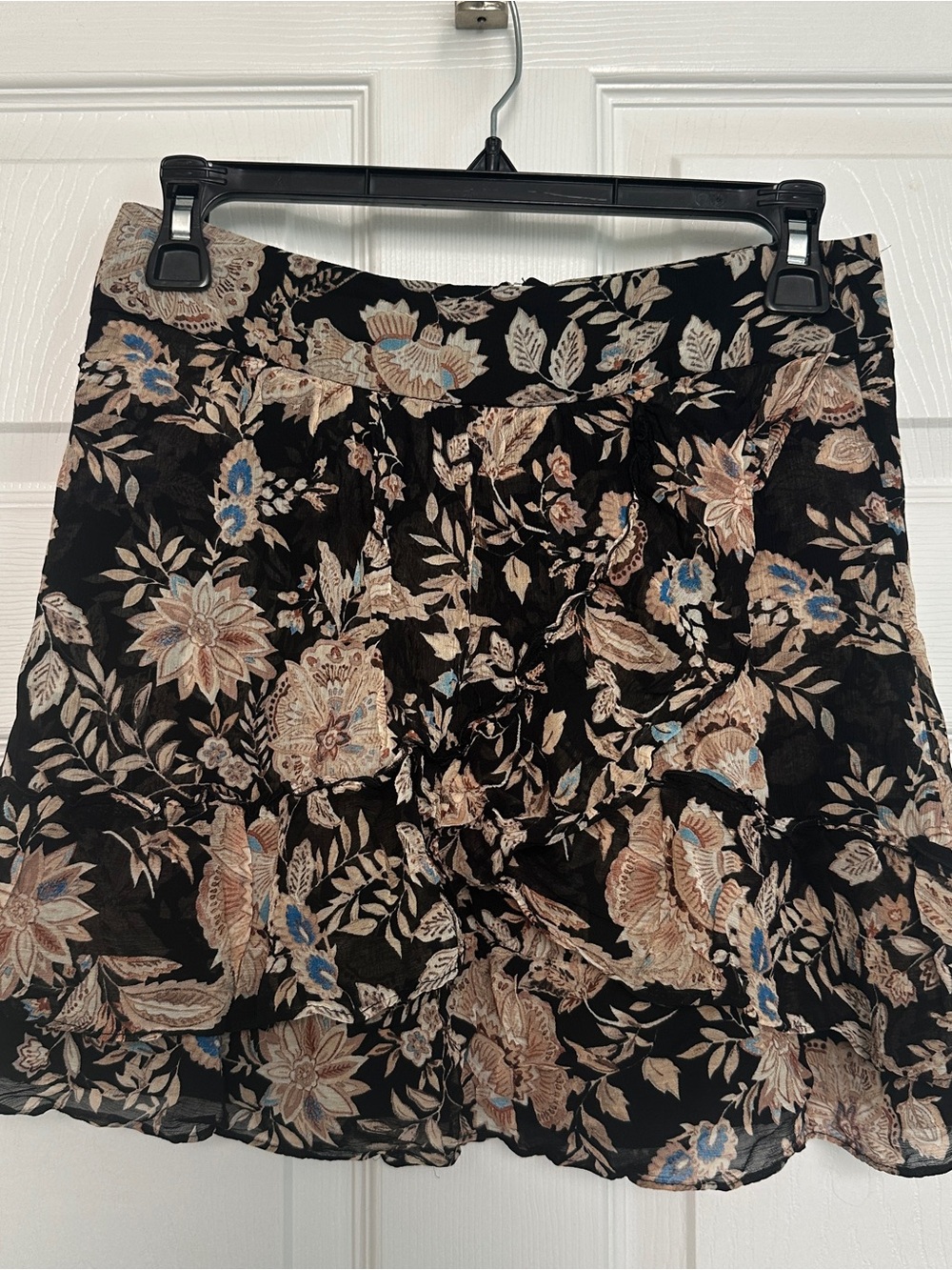 Sezane Caroline Skirt Black A-Line Skirt with Beige and Blue Floral Print
